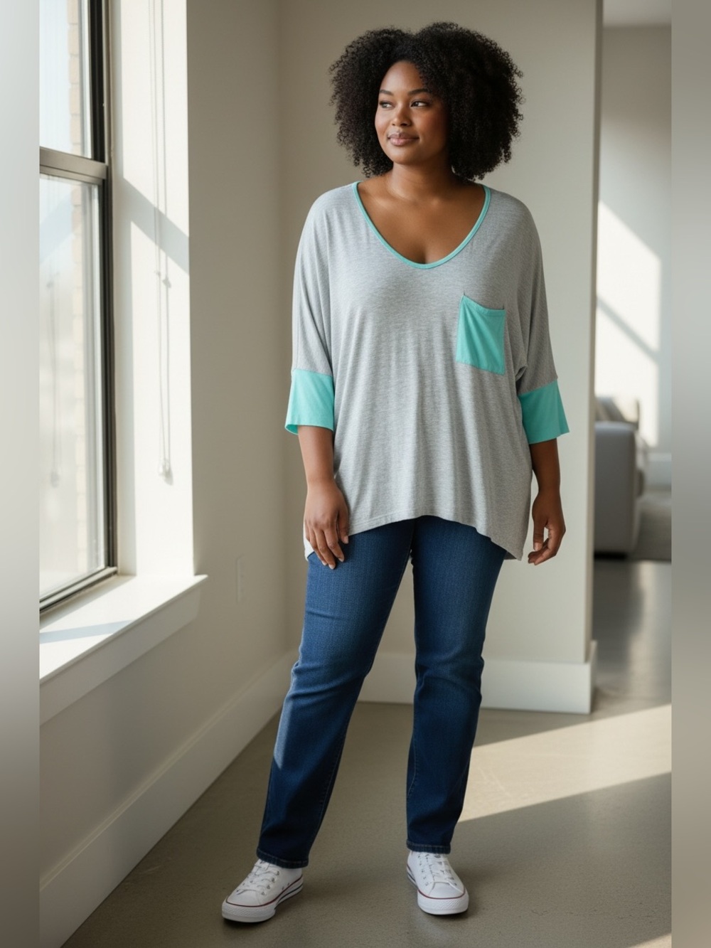 Cute Love Gray & Mint Pocket Tunic Top – Size 1XL and 2XL